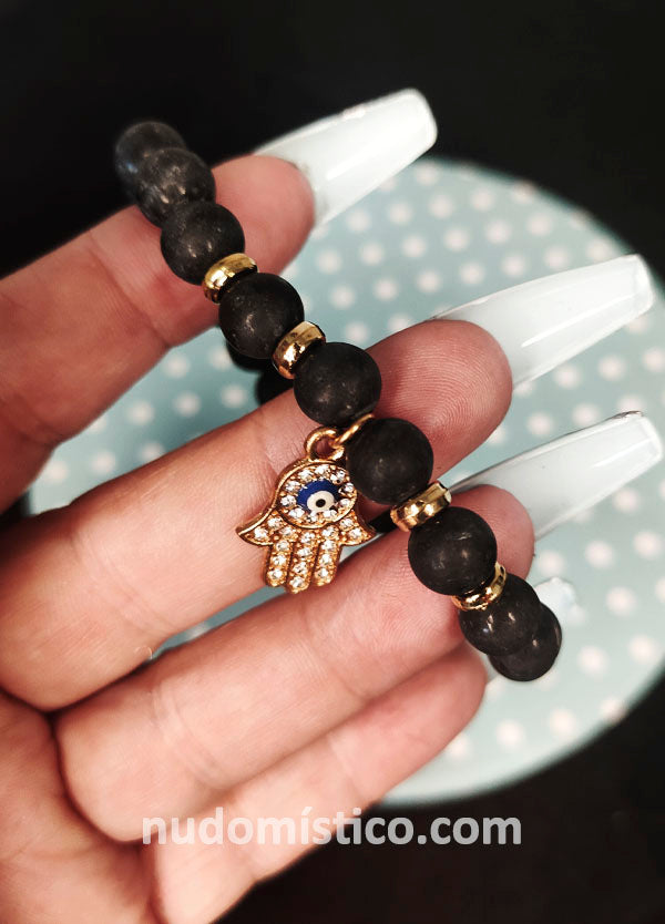 Pulsera Hamsa Agata Negra PROTECCIÓN y Bendiciones